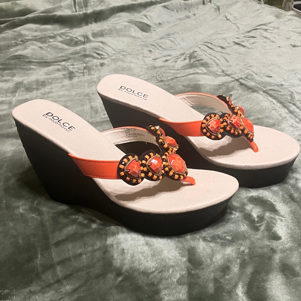 Mojo Moxy Orange and Black Wedge Sandals